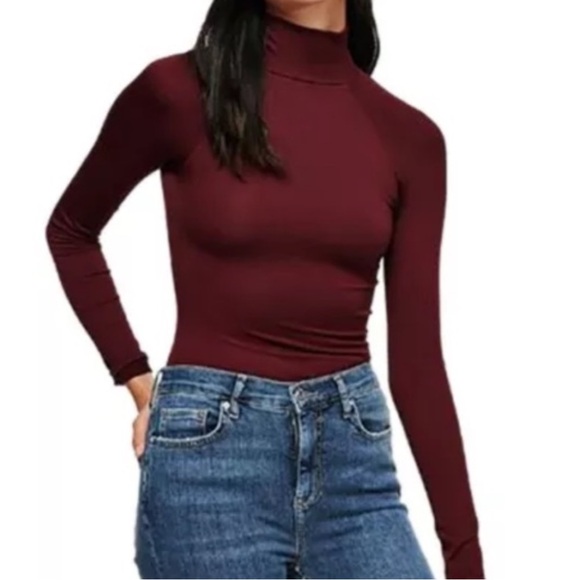 Intimately Free People Maroon Open Back Mock Neck Long Sleeve Shirt - Picture 2 of 7